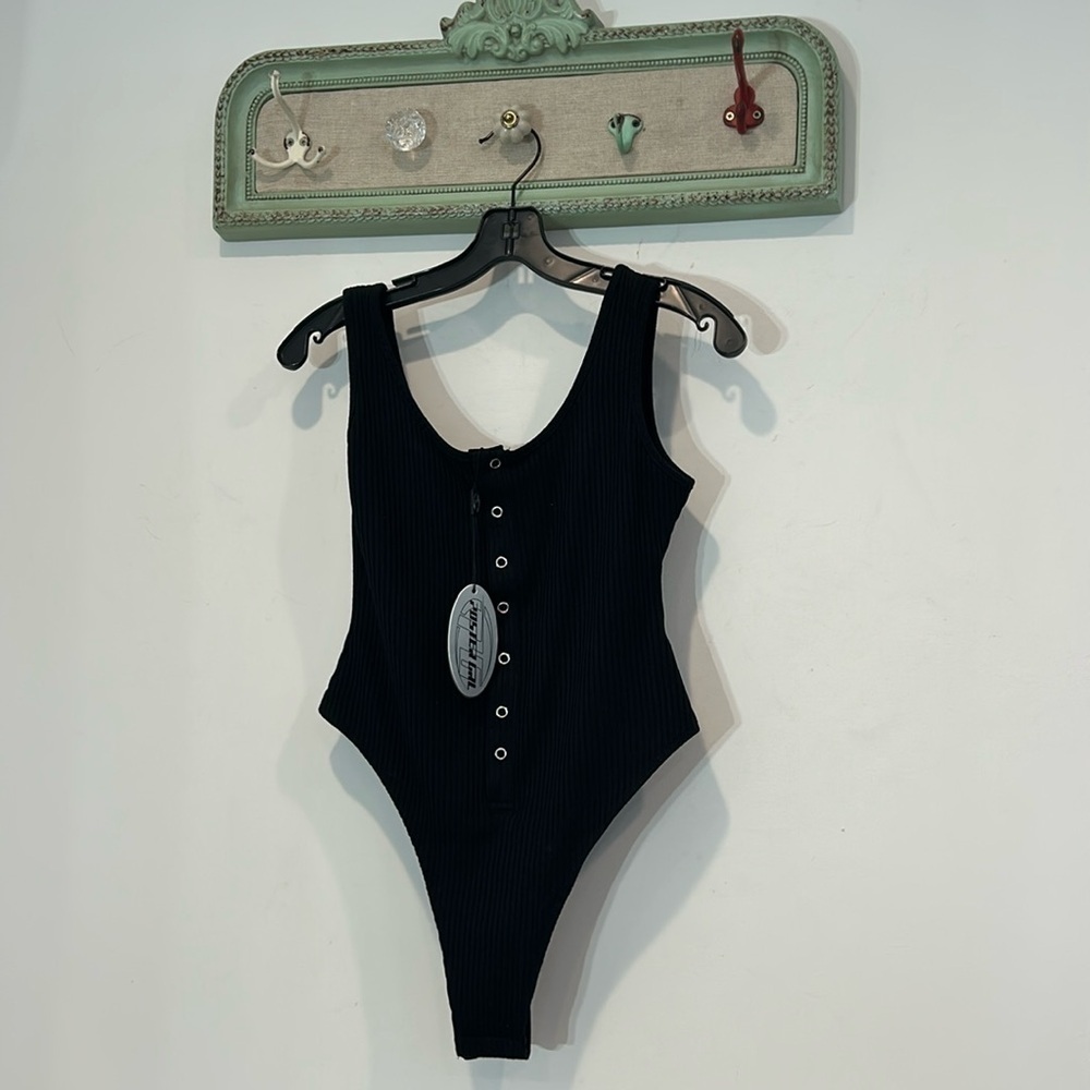 Brand new poster girl black ribbed snap front high cut hip bodysuit medium women